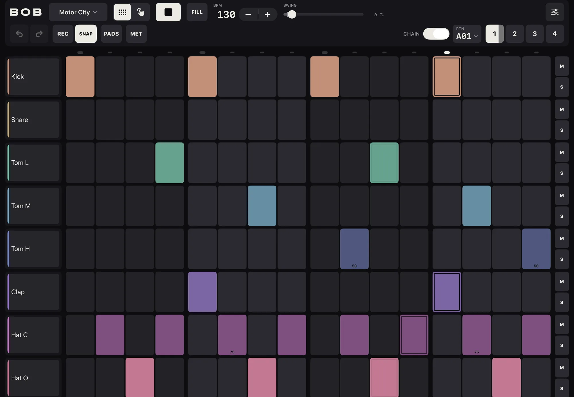 Bob on an iPad in landscape: the transport bar, the eight-track step grid with the Motor City demo playing, and the mute and solo keys